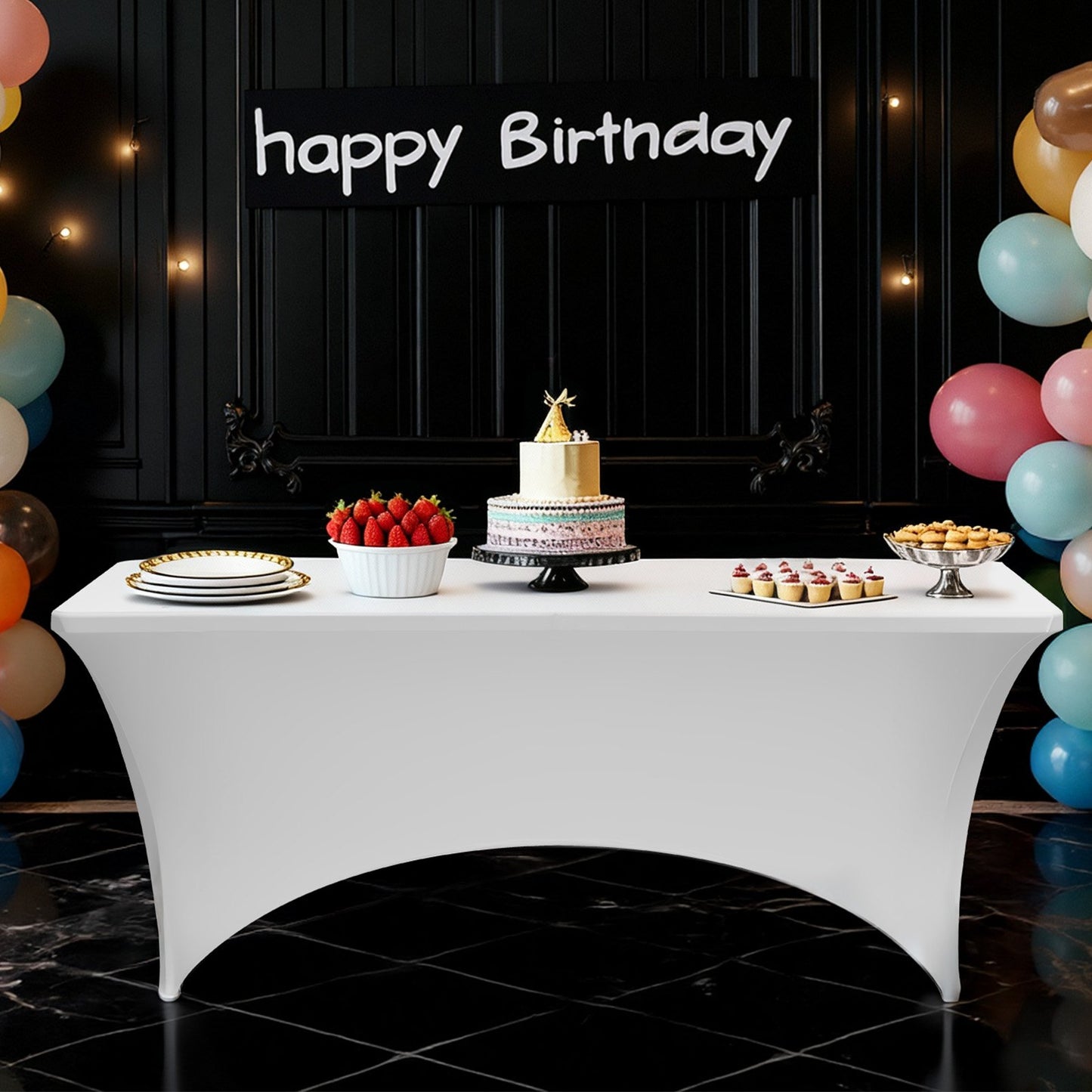 6 Pack Table Cloth for 8FT Rectangular Fitted Events, Wrinkle-Resistant Stretch White Table Covers, Washable Spandex Tablecloth Protector, for Party, Wedding, Cocktail, Banquet, Festival