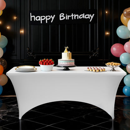 6 Pack Table Cloth for 8FT Rectangular Fitted Events, Wrinkle-Resistant Stretch White Table Covers, Washable Spandex Tablecloth Protector, for Party, Wedding, Cocktail, Banquet, Festival