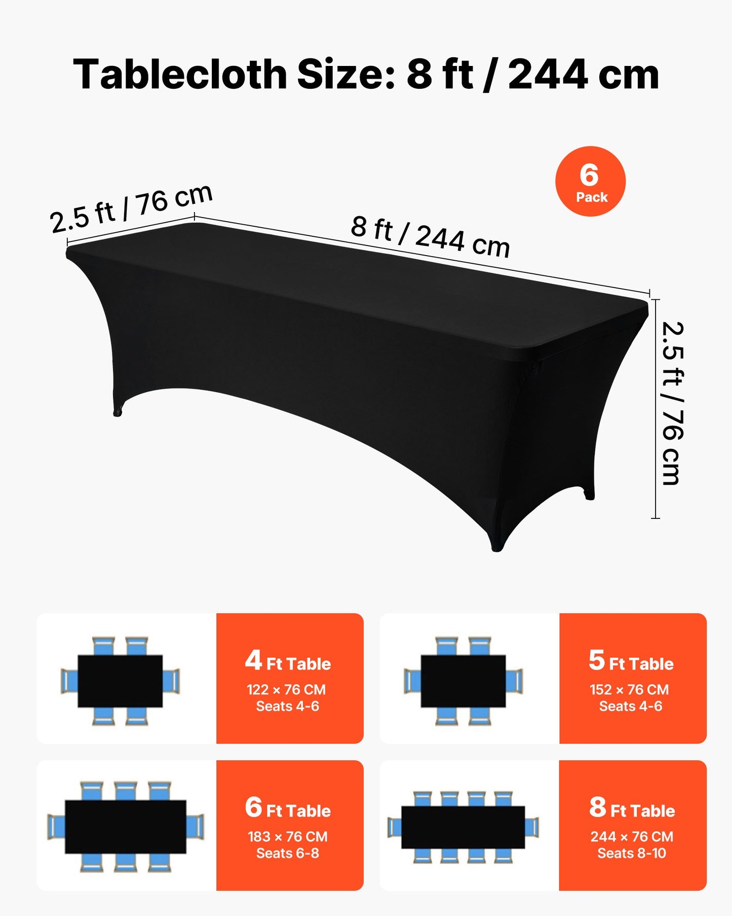 6 Pack Table Cloth for 8FT Rectangular Fitted Events, Wrinkle-Resistant Stretch Black Table Covers, Washable Spandex Tablecloth Protector, for Party, Wedding, Cocktail, Banquet, Festival