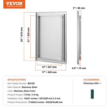 BBQ Access Door, 432x610 mm Single Outdoor Kitchen Door, Stainless Steel Flush Mount Door, Wall Vertical Door with Recessed Handle, for BBQ Island, Grilling Station, Outside Cabinet