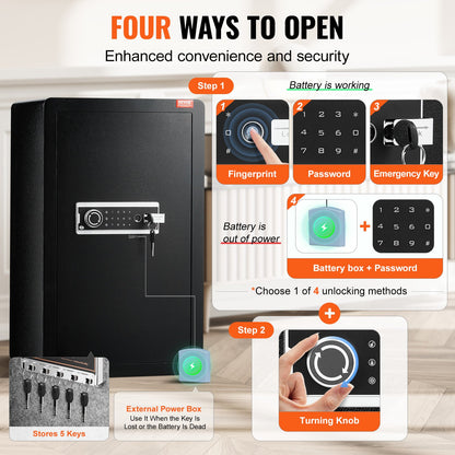 Enkeldörrs 113 L kassaskåp med nyckellås, lösenord och fingeravtryck, kassaskåp med brandsäker väska, nyckelhylla, LED-lampa och 2 hyllor för pengar, dokument, smycken och värdesaker, svart