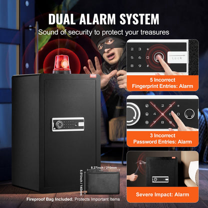 Enkeldörrs 113 L kassaskåp med nyckellås, lösenord och fingeravtryck, kassaskåp med brandsäker väska, nyckelhylla, LED-lampa och 2 hyllor för pengar, dokument, smycken och värdesaker, svart