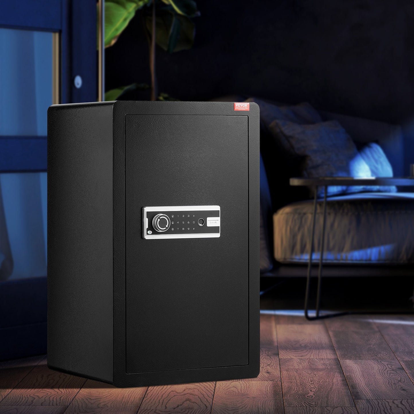 Enkeldörrs 113 L kassaskåp med nyckellås, lösenord och fingeravtryck, kassaskåp med brandsäker väska, nyckelhylla, LED-lampa och 2 hyllor för pengar, dokument, smycken och värdesaker, svart