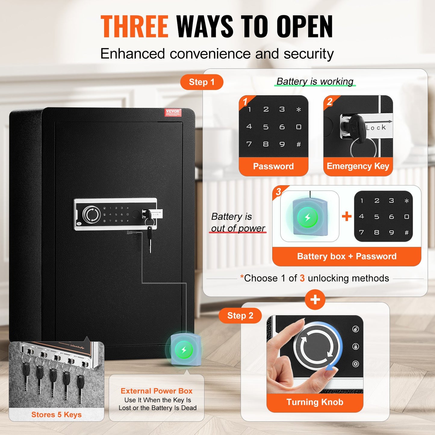 Single Door 99 L Safe Box with Key Lock & Password, Safe Lock Box with Fireproof Bag, Key Rack, LED Light, and 2 Shelves for Money, Documents, Jewelry, and Valuables, Black