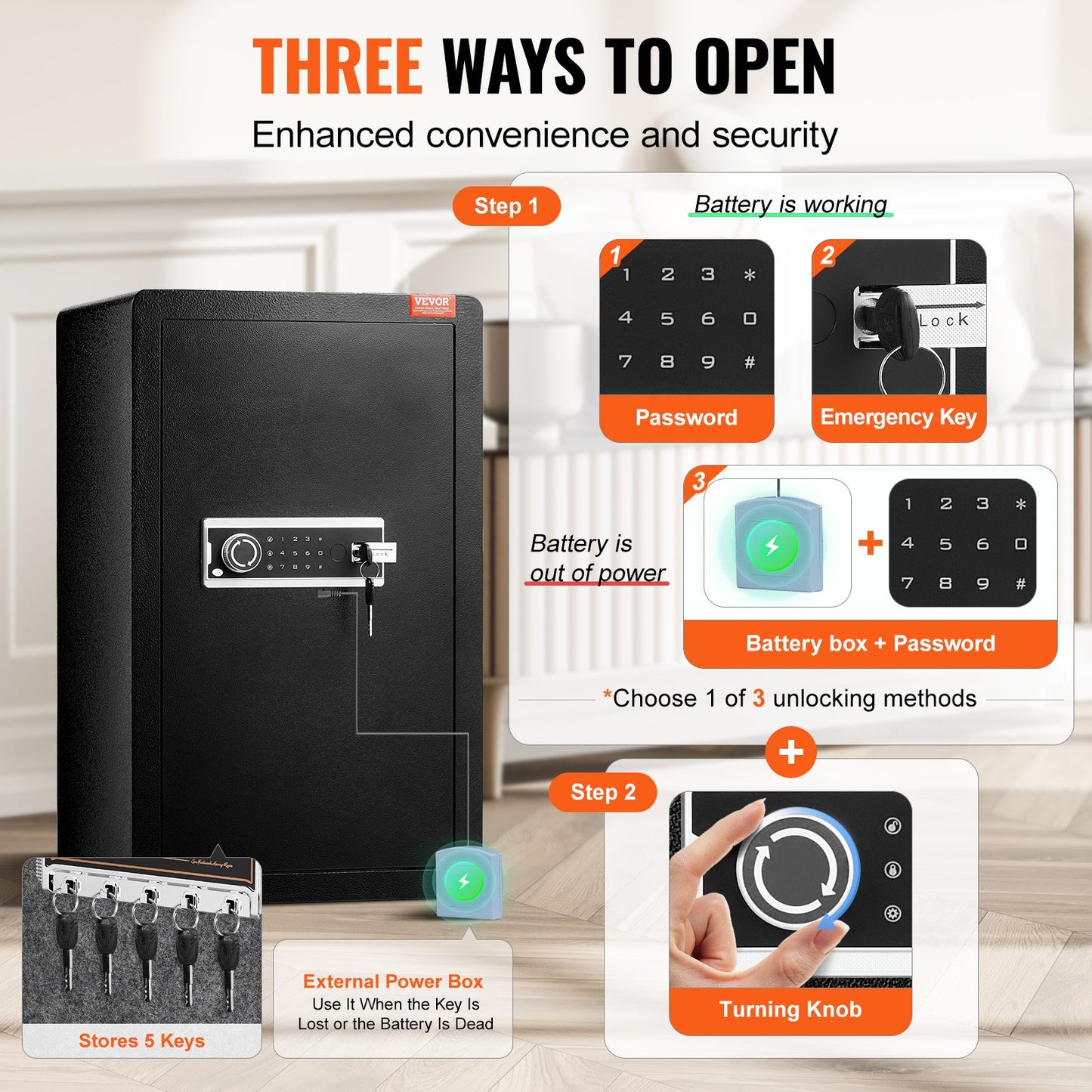 Enkeldörrs 113 L kassaskåp med nyckellås och lösenord, kassaskåp med brandsäker väska, nyckelhylla, LED-lampa, 2 hyllor och 1 skåp för pengar, dokument, smycken och värdesaker, svart