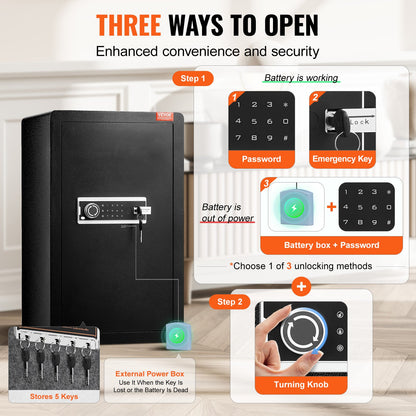 Enkeldörrs 113 L kassaskåp med nyckellås och lösenord, kassaskåp med brandsäker väska, nyckelhylla, LED-lampa, 2 hyllor och 1 skåp för pengar, dokument, smycken och värdesaker, svart
