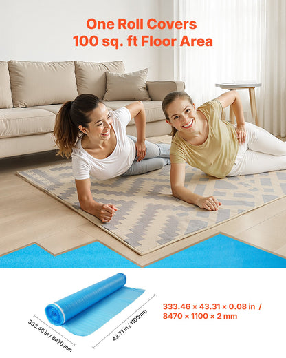 Floor Underlayment 55.8 m², 3-in-1 2 mm Thick Flooring Padding with Tape & Vapor Barrier, Heavy Duty EPE Foam with Blue PE, Soundproofing & Noise Reduction, for Laminate Wood (6 Rolls x 9.3 m²)