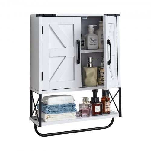 Bathroom Wall Cabinet, with 2 Doors & Adjustable Shelf, Over the Toilet Storage Medicine Cabinet Wall Mounted, Hanging Organizer with Open Partition & Towel Bar for Laundry Room Kitchen, White