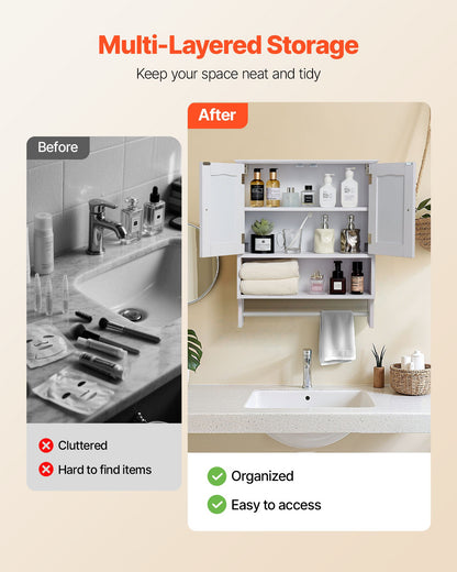 Badrumsskåp med 2 dörrar och justerbar hylla, förvaring över toaletten, väggmonterat medicinskåp, hängande organisatör med öppen skiljevägg och handduksstång för tvättstuga/kök, vit
