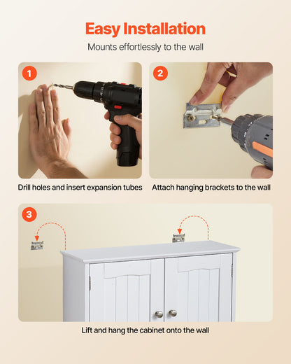 Badrumsskåp med 2 dörrar och justerbar hylla, förvaring över toaletten, väggmonterat medicinskåp, hängande organisatör med öppen skiljevägg och handduksstång för tvättstuga/kök, vit