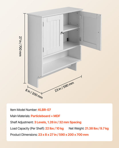 Badrumsskåp med 2 dörrar och justerbar hylla, förvaring över toaletten, väggmonterat medicinskåp, hängande organisatör med öppen skiljevägg och handduksstång för tvättstuga/kök, vit