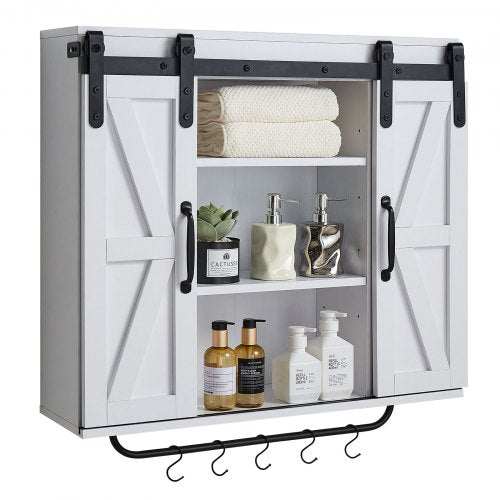 Bathroom Wall Cabinet, 2 Doors and Adjustable Shelf, Over the Toilet Storage Medicine Cabinet Wall Mounted, Hanging Organizer with Open Partition/Towel Bar/Hooks for Laundry Room Kitchen, White