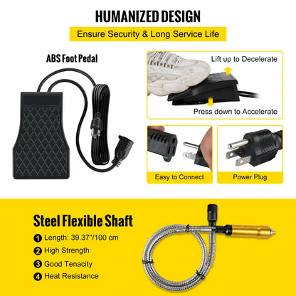 Flexibel axelslipmaskin 780W roterande verktyg 500-23000 varv/min roterande snidare med 0,635 cm 3-käftschuck och steglös hastighetspedal Hängande slipmaskin 131 delar tillbehör för smyckespolering slipning gör-det-själv