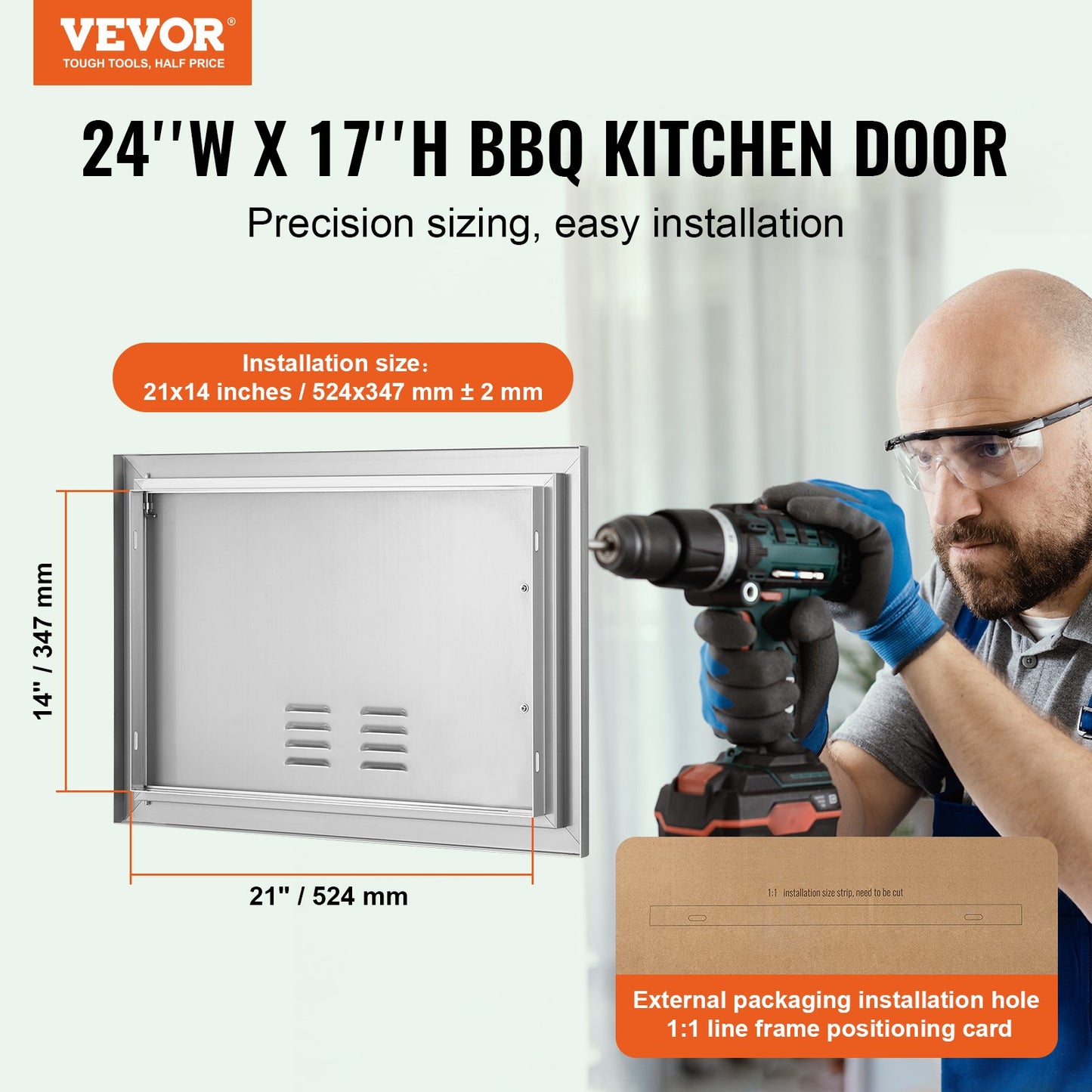 BBQ Access Door, 610x432 mm Single Outdoor Kitchen Door, Stainless Steel Flush Mount Door, Wall Vertical Door with Handle and vents, for BBQ Island, Grilling Station, Outside Cabinet