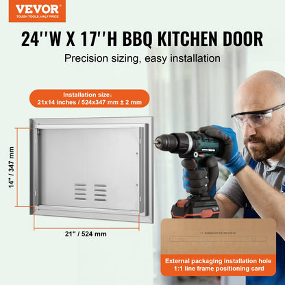 BBQ Access Door, 610x432 mm Single Outdoor Kitchen Door, Stainless Steel Flush Mount Door, Wall Vertical Door with Handle and vents, for BBQ Island, Grilling Station, Outside Cabinet