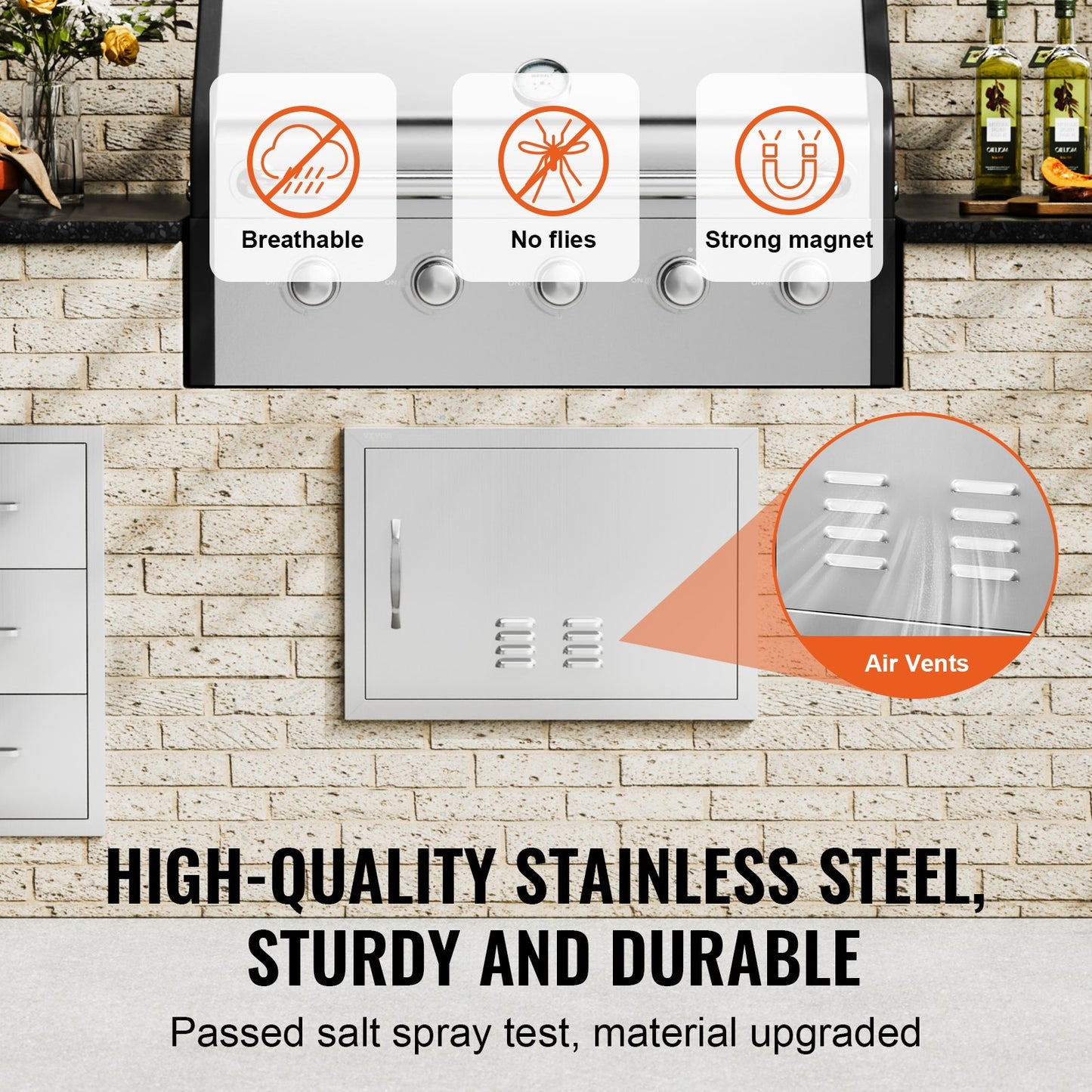 BBQ Access Door, 610x432 mm Single Outdoor Kitchen Door, Stainless Steel Flush Mount Door, Wall Vertical Door with Handle and vents, for BBQ Island, Grilling Station, Outside Cabinet