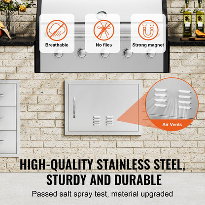 BBQ Access Door, 610x432 mm Single Outdoor Kitchen Door, Stainless Steel Flush Mount Door, Wall Vertical Door with Handle and vents, for BBQ Island, Grilling Station, Outside Cabinet