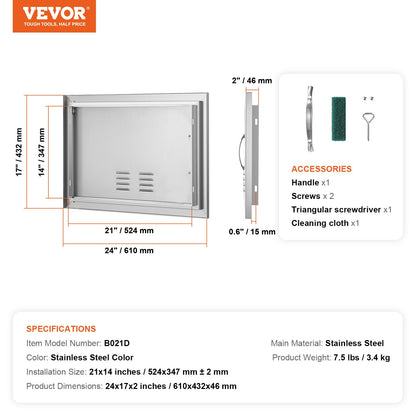 BBQ Access Door, 610x432 mm Single Outdoor Kitchen Door, Stainless Steel Flush Mount Door, Wall Vertical Door with Handle and vents, for BBQ Island, Grilling Station, Outside Cabinet