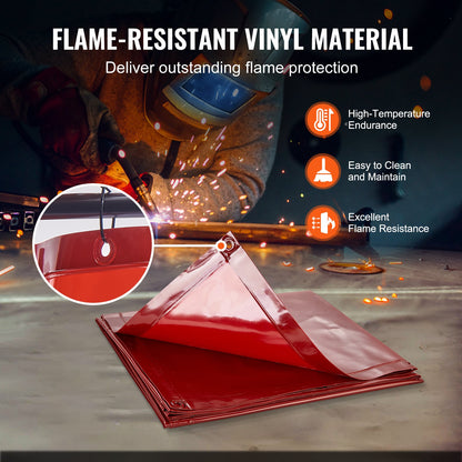 Welding Screen with Frame, 1.8 x 1.8 m Welding Curtain Screen, Flame-Resistant Vinyl Welding Protection Screen on 4 Swivel Wheels (2 Lockable), Moveable & Professional for Workshop/Industrial, Red