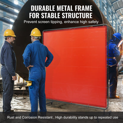 Welding Screen with Frame, 1.8 x 1.8 m Welding Curtain Screen, Flame-Resistant Vinyl Welding Protection Screen on 4 Swivel Wheels (2 Lockable), Moveable & Professional for Workshop/Industrial, Red