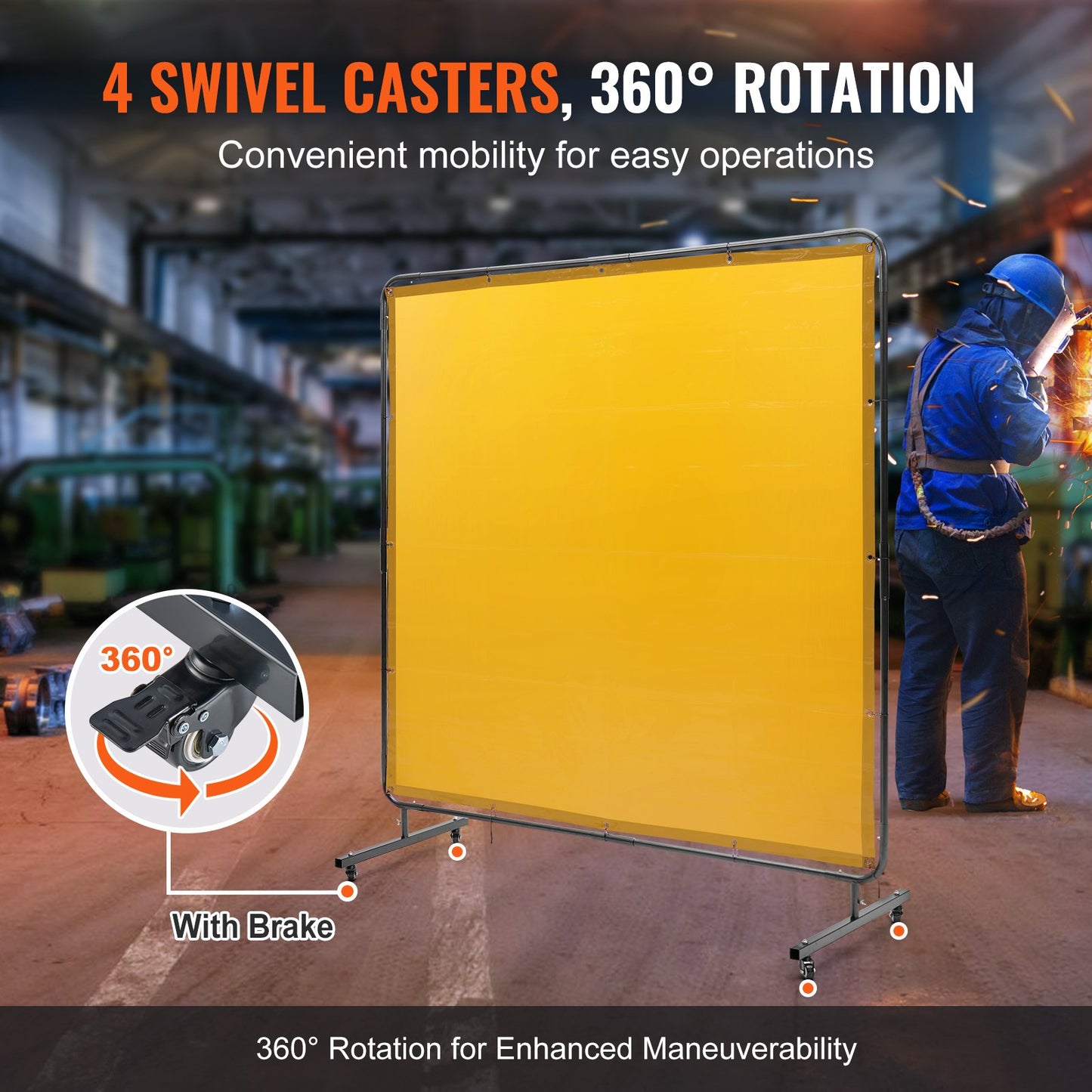 Welding Screen with Frame, 6' x 6' Welding Curtain Screen, Flame-Resistant Vinyl Welding Protection Screen on 4 Swivel Wheel (2 Lockable), Moveable & Professional for Workshop/Industrial, Yellow