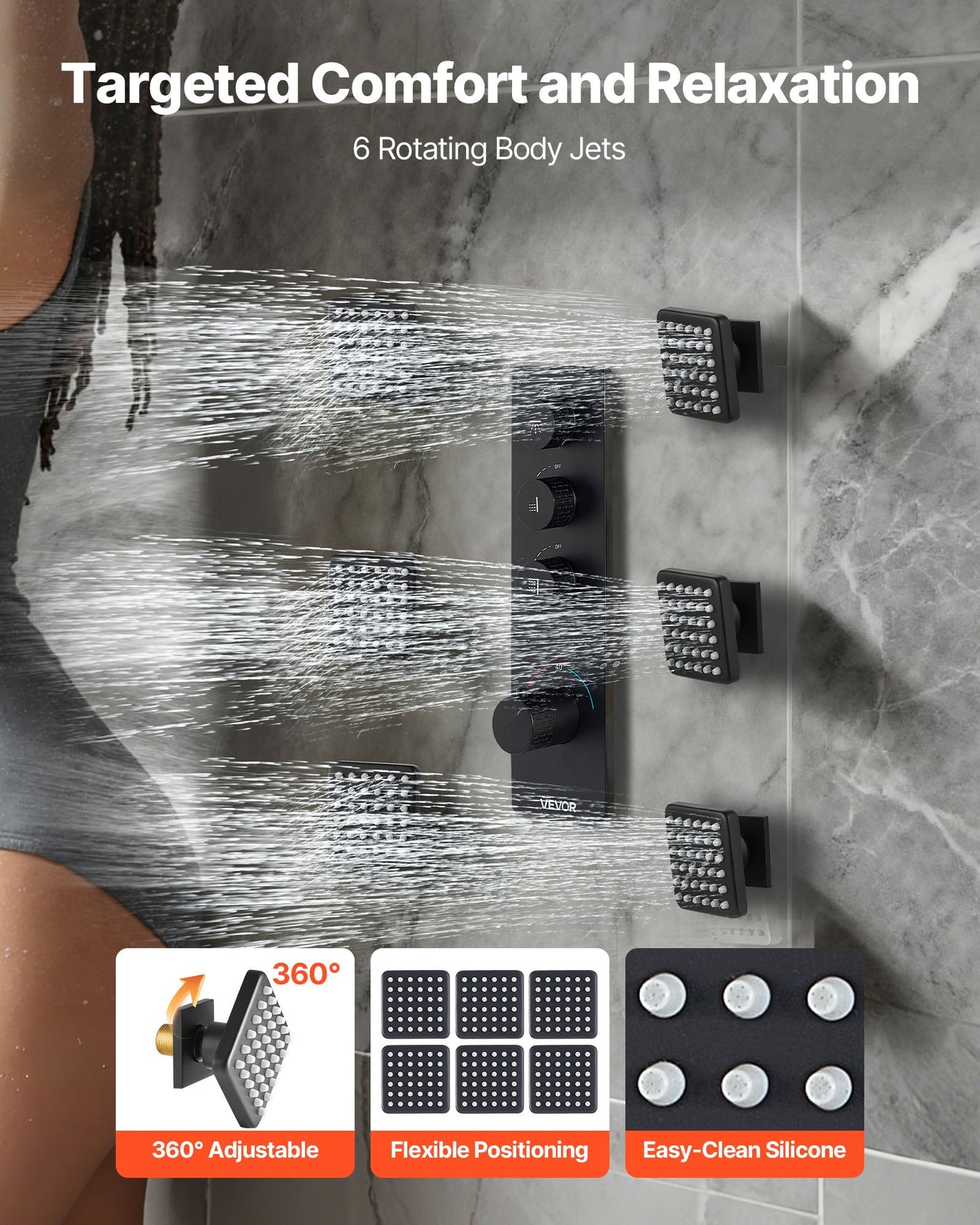 Shower Faucet Set, 406 mm Thermostatic Ceiling Mount Rainfall Shower System with 6 Body Jets and Handheld Spray, Rotatable 3-Function Rain Head Complete Brass Valve and Trim Kit, Matte Black