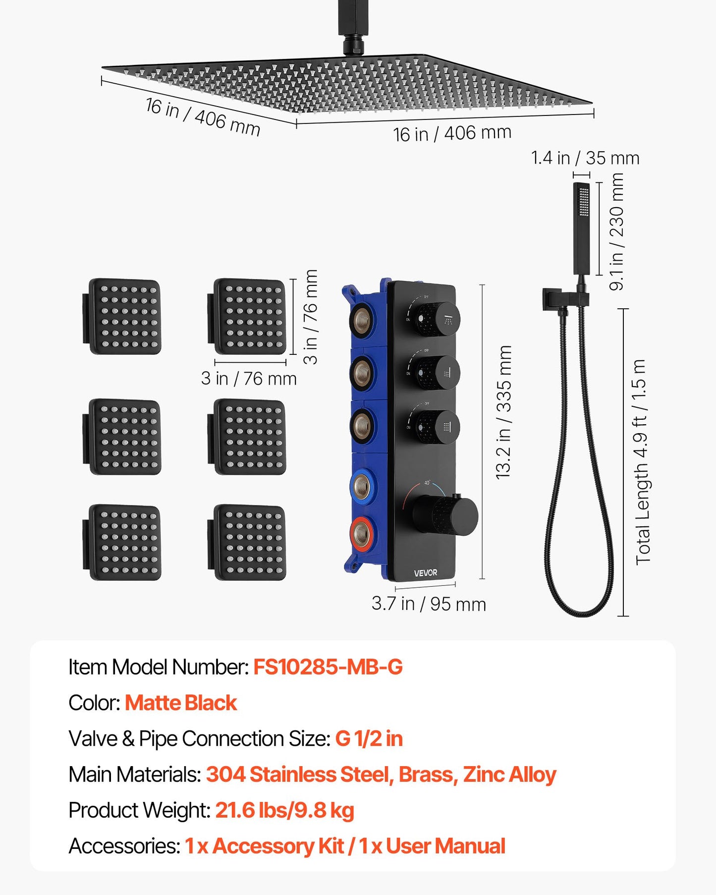 Shower Faucet Set, 406 mm Thermostatic Ceiling Mount Rainfall Shower System with 6 Body Jets and Handheld Spray, Rotatable 3-Function Rain Head Complete Brass Valve and Trim Kit, Matte Black