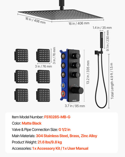 Shower Faucet Set, 406 mm Thermostatic Ceiling Mount Rainfall Shower System with 6 Body Jets and Handheld Spray, Rotatable 3-Function Rain Head Complete Brass Valve and Trim Kit, Matte Black