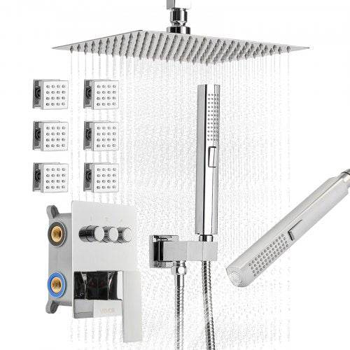 Shower Faucet Set, 254 mm Ceiling Mount Rainfall Shower System with 6 Body Jets and 2 in 1 Handheld Spray, Rotatable 3-Function Rain Head System Set, Complete Brass Valve and Trim Kit, Chrome