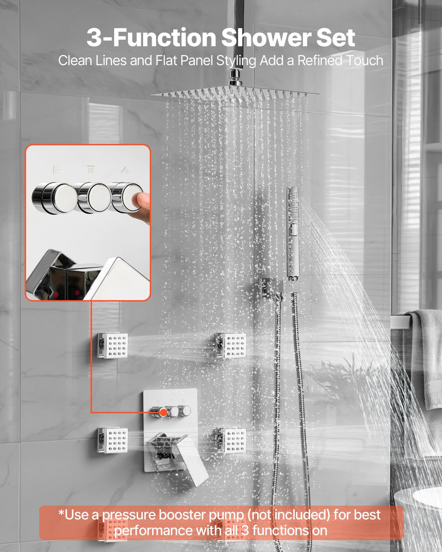 Shower Faucet Set, 254 mm Ceiling Mount Rainfall Shower System with 6 Body Jets and 2 in 1 Handheld Spray, Rotatable 3-Function Rain Head System Set, Complete Brass Valve and Trim Kit, Chrome