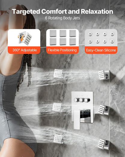 Shower Faucet Set, 254 mm Ceiling Mount Rainfall Shower System with 6 Body Jets and 2 in 1 Handheld Spray, Rotatable 3-Function Rain Head System Set, Complete Brass Valve and Trim Kit, Chrome