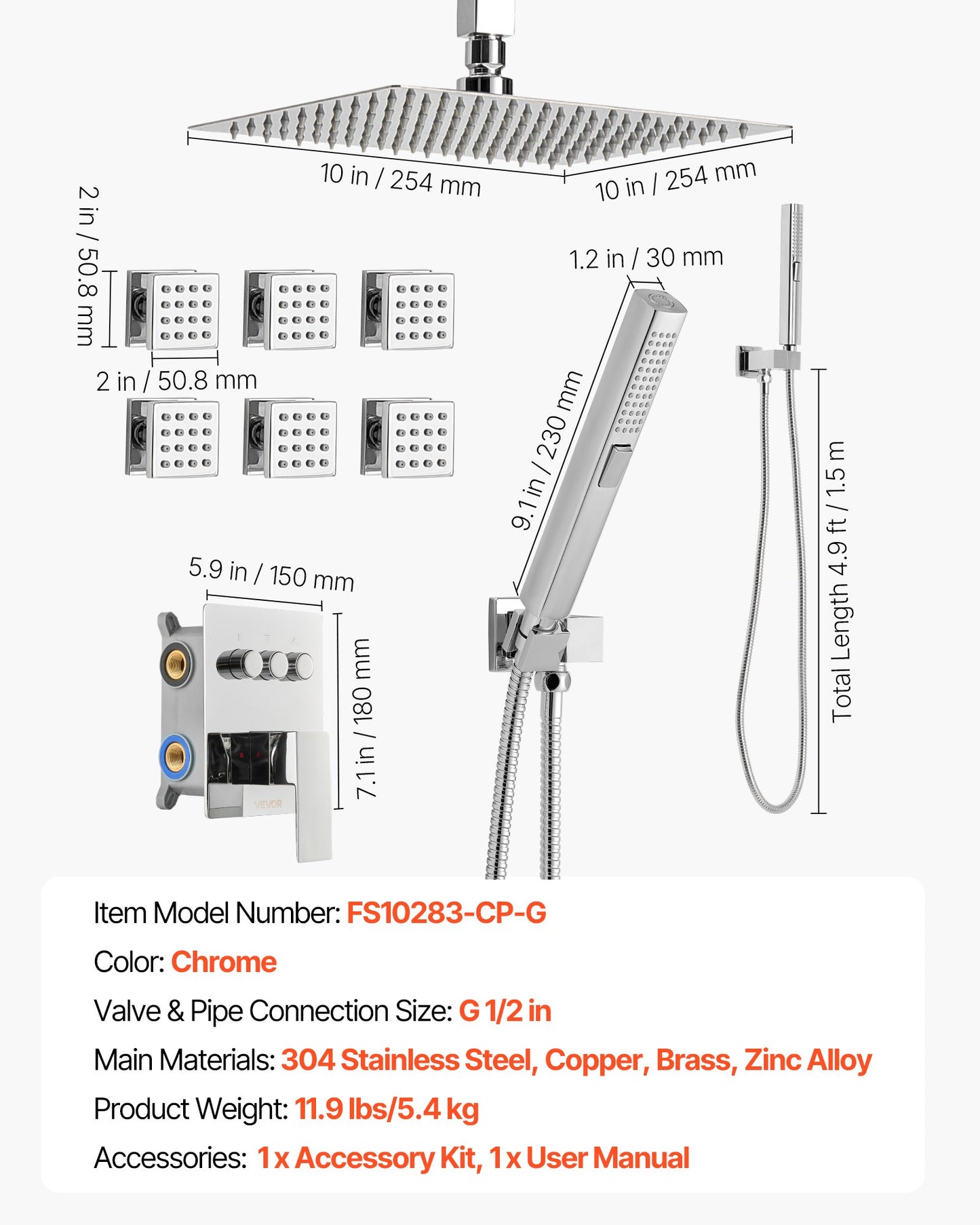 Shower Faucet Set, 254 mm Ceiling Mount Rainfall Shower System with 6 Body Jets and 2 in 1 Handheld Spray, Rotatable 3-Function Rain Head System Set, Complete Brass Valve and Trim Kit, Chrome