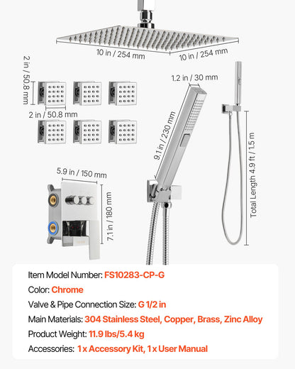 Shower Faucet Set, 254 mm Ceiling Mount Rainfall Shower System with 6 Body Jets and 2 in 1 Handheld Spray, Rotatable 3-Function Rain Head System Set, Complete Brass Valve and Trim Kit, Chrome