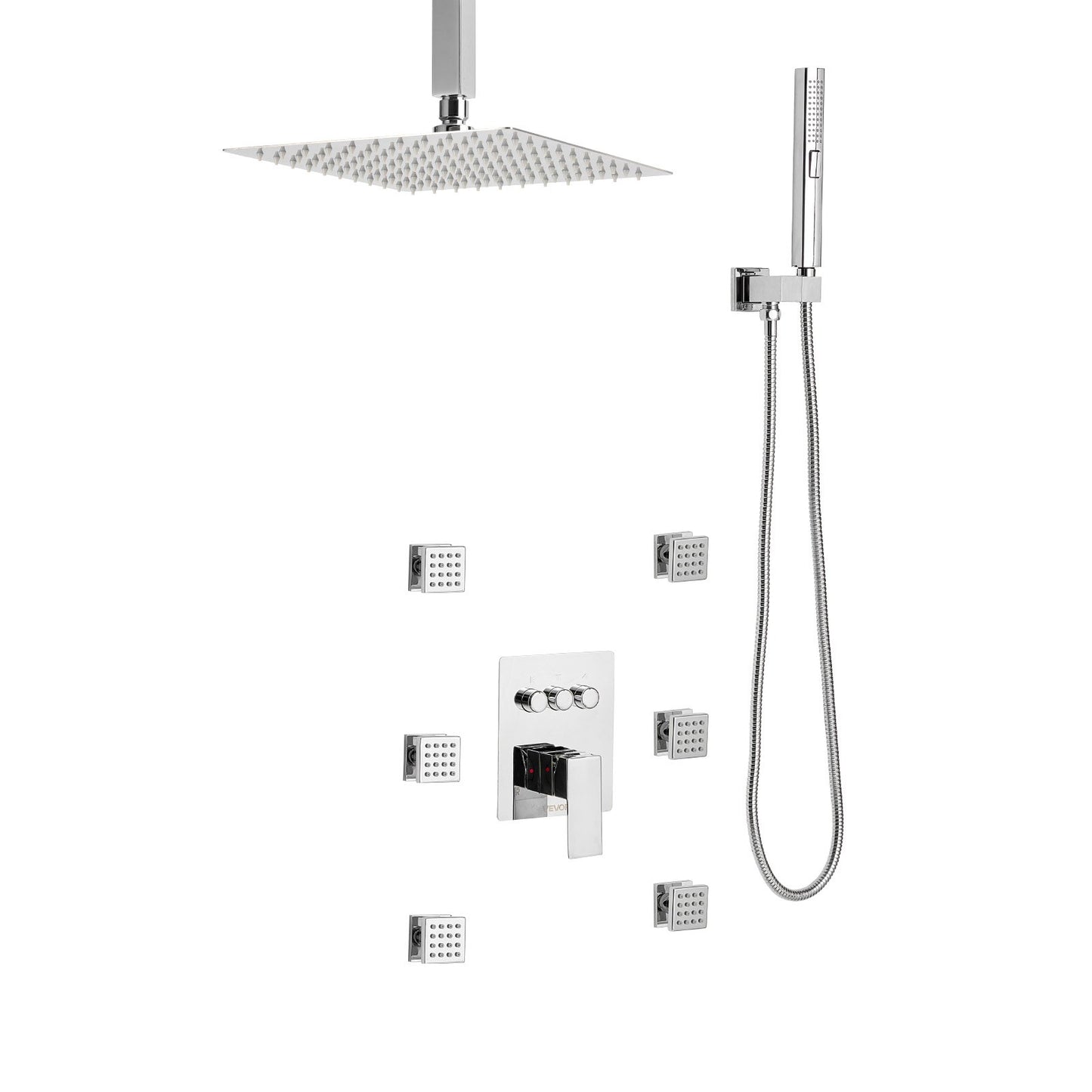 Shower Faucet Set, 254 mm Ceiling Mount Rainfall Shower System with 6 Body Jets and 2 in 1 Handheld Spray, Rotatable 3-Function Rain Head System Set, Complete Brass Valve and Trim Kit, Chrome