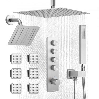 Shower Faucet Set, 406 mm Thermostatic Ceiling Mount Rainfall Shower System with 152 mm Wall Mount Head, 6 Body Jets and Handheld Spray, Dual Rain Head Brass Valve and Trim Kit, Brushed Nickel