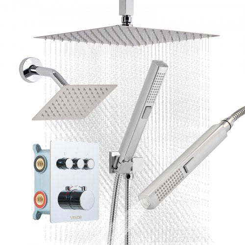 Shower Faucet Set, 305 mm Thermostatic Ceiling Mount Rainfall Shower System with 152 mm Wall Mount Head and 2 in 1 Handheld Spray, 3-Function Dual Rain Head Brass Valve and Trim Kit, Chrome