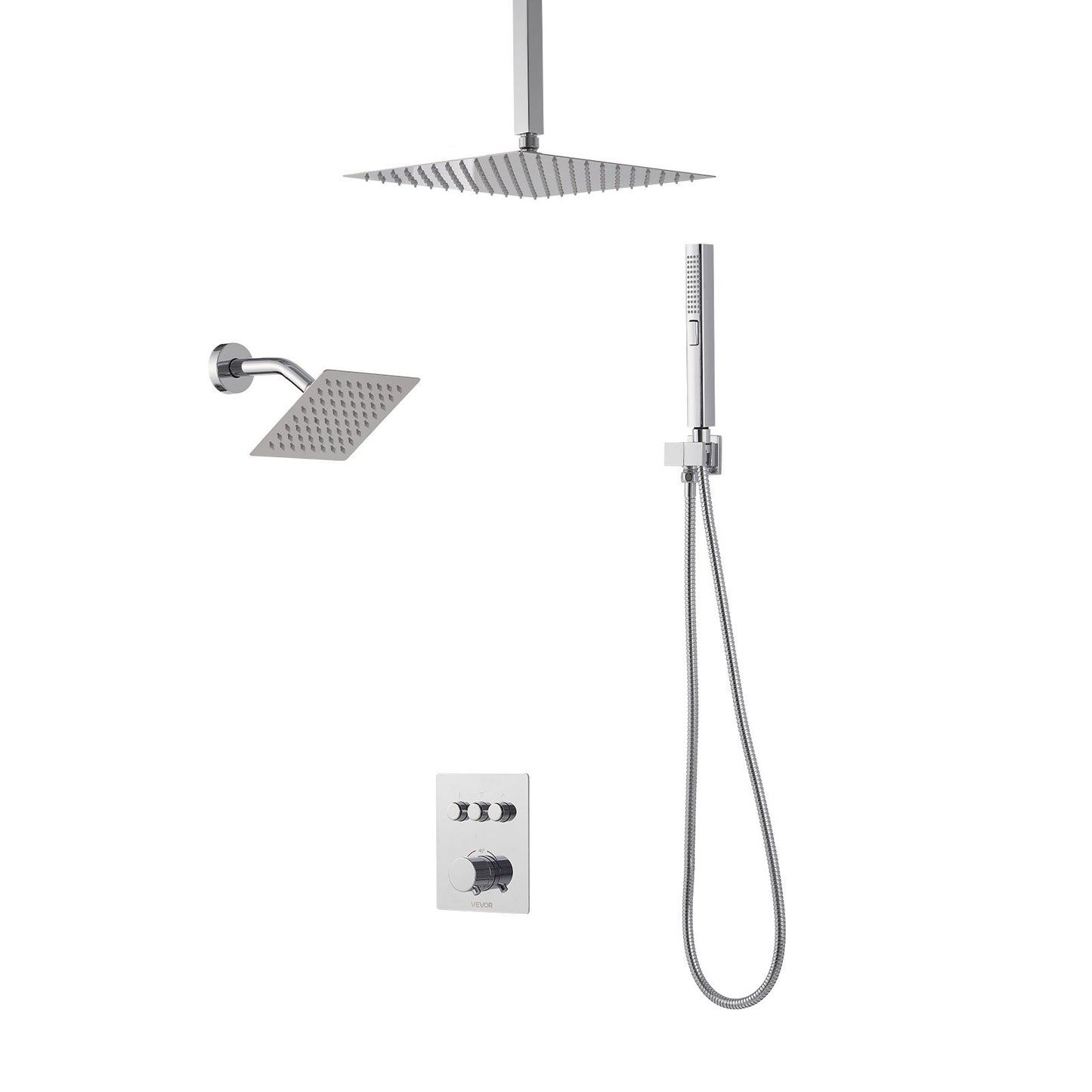 Shower Faucet Set, 305 mm Thermostatic Ceiling Mount Rainfall Shower System with 152 mm Wall Mount Head and 2 in 1 Handheld Spray, 3-Function Dual Rain Head Brass Valve and Trim Kit, Chrome