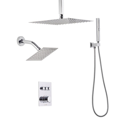 Shower Faucet Set, 305 mm Thermostatic Ceiling Mount Rainfall Shower System with 152 mm Wall Mount Head and 2 in 1 Handheld Spray, 3-Function Dual Rain Head Brass Valve and Trim Kit, Chrome