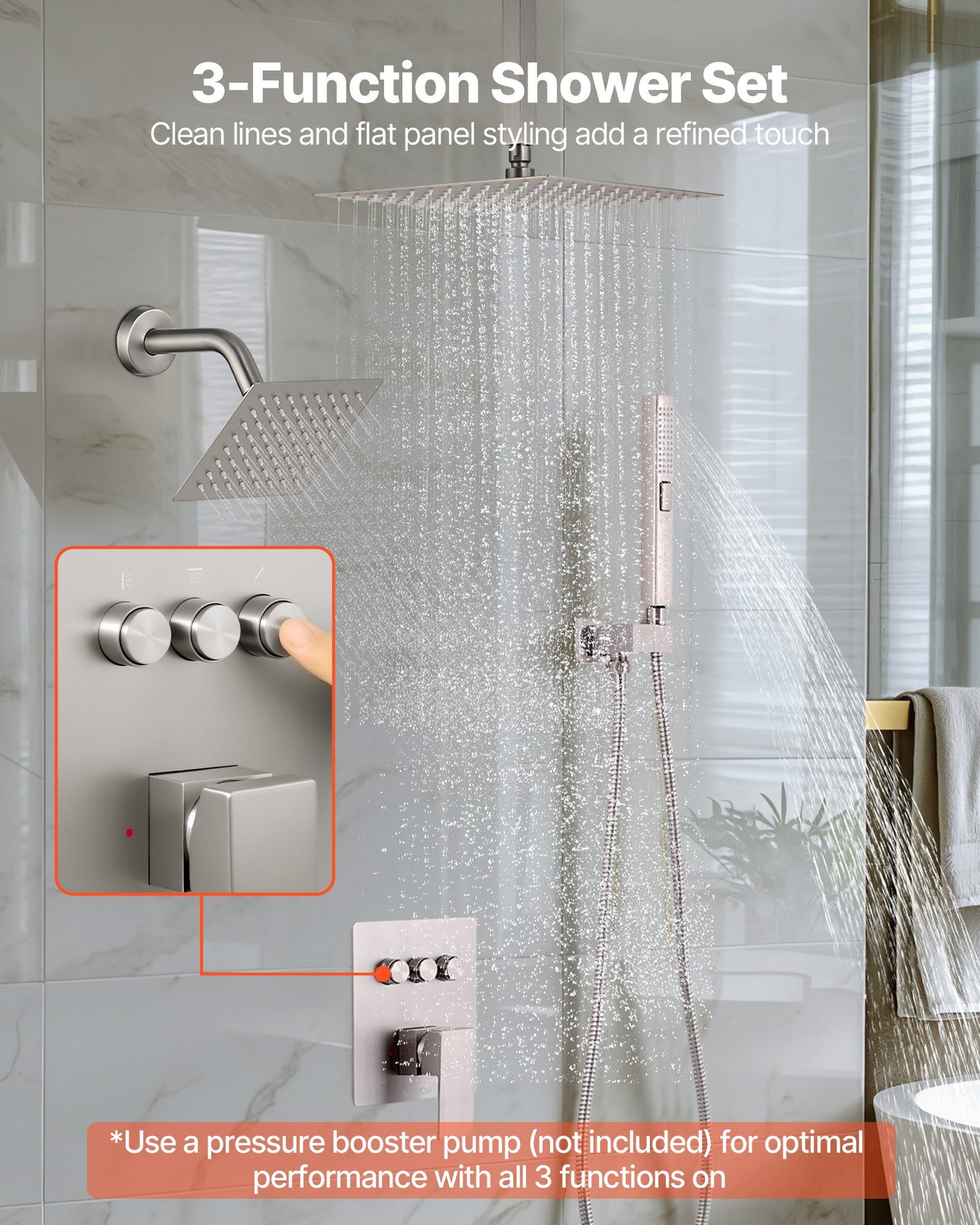 Shower Faucet Set, 254 mm Ceiling Mount Rainfall Shower System with 152 mm Wall Mount Head and 2 in 1 Handheld Spray, Rotatable 3-Function Dual Rain Head Brass Valve & Trim Kit, Brushed Nickel