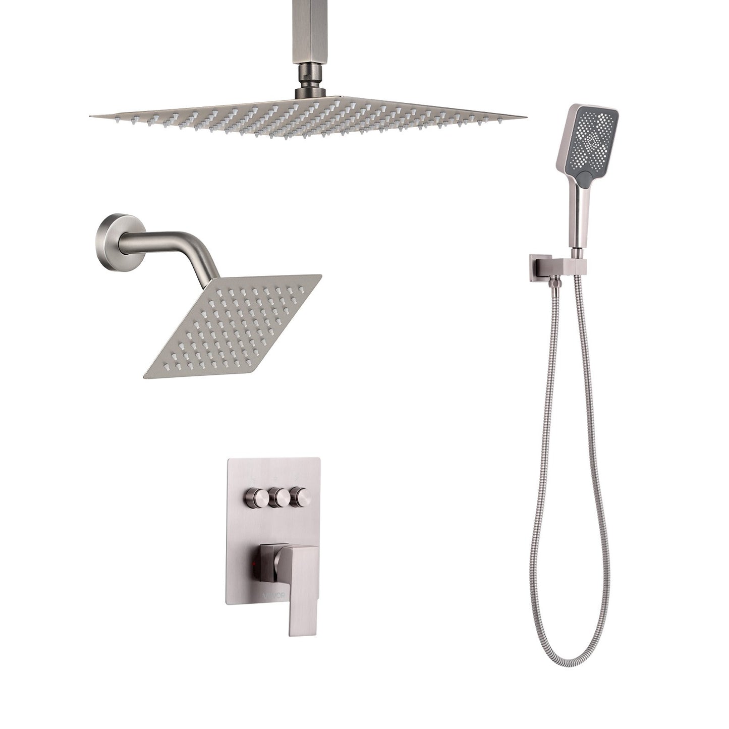 Shower Faucet Set, 305 mm Ceiling Mount Rainfall Shower System with 152 mm Wall Mount Head and 4 in 1 Handheld Spray, Rotatable 3-Function Dual Rain Head Brass Valve & Trim Kit, Brushed Nickel