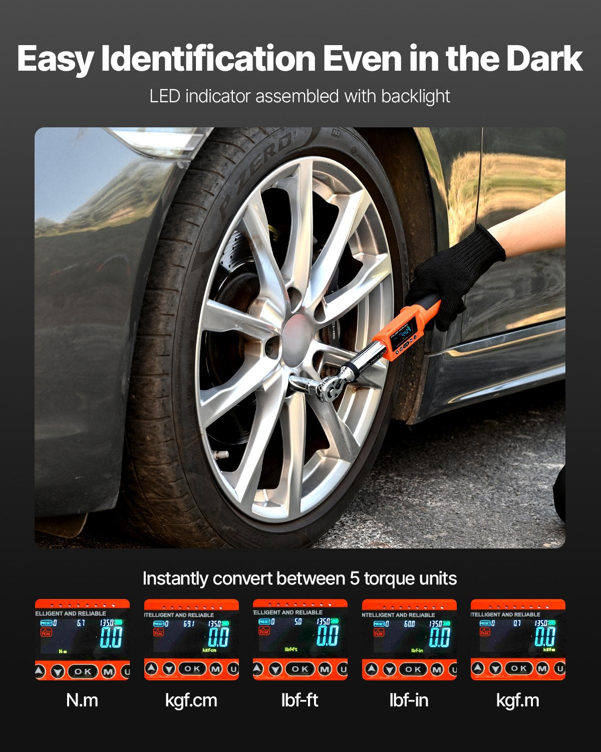 Digital Torque Wrench, 3/8 Inch Drive, 0-99.57 lbf-ft / 0-135 N.m, 72-Tooth, ±2% High Accuracy Electronic Torque Wrench with Preset Value, Buzzer and LED Notification, for Automotive Motorcycle