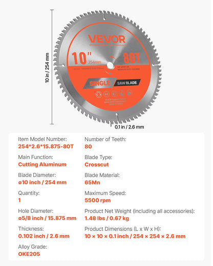 Cirkelsågklinga, 254 mm diameter, 80 vassa legeringständer, 15,875 mm spindel, fin yta, aluminiumskärklinga för cirkelsåg, med ljudreducerande värmeventiler, för skärning av stål och metall