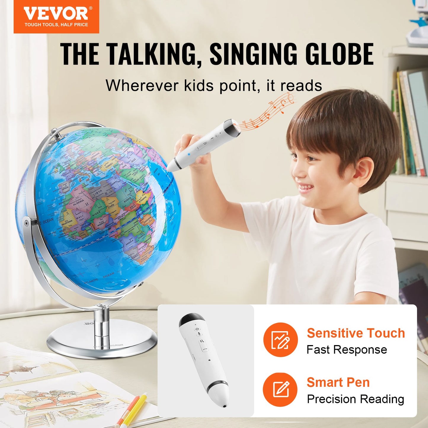 Talking World Globe, 9 in/228.6 mm, Interactive Globe for Kids Early Learning Teaching, Educational Globe with Smart Talking Pen LED Night Light USB Interface, Gifts for Children Boys & Girls (Map Language: English)