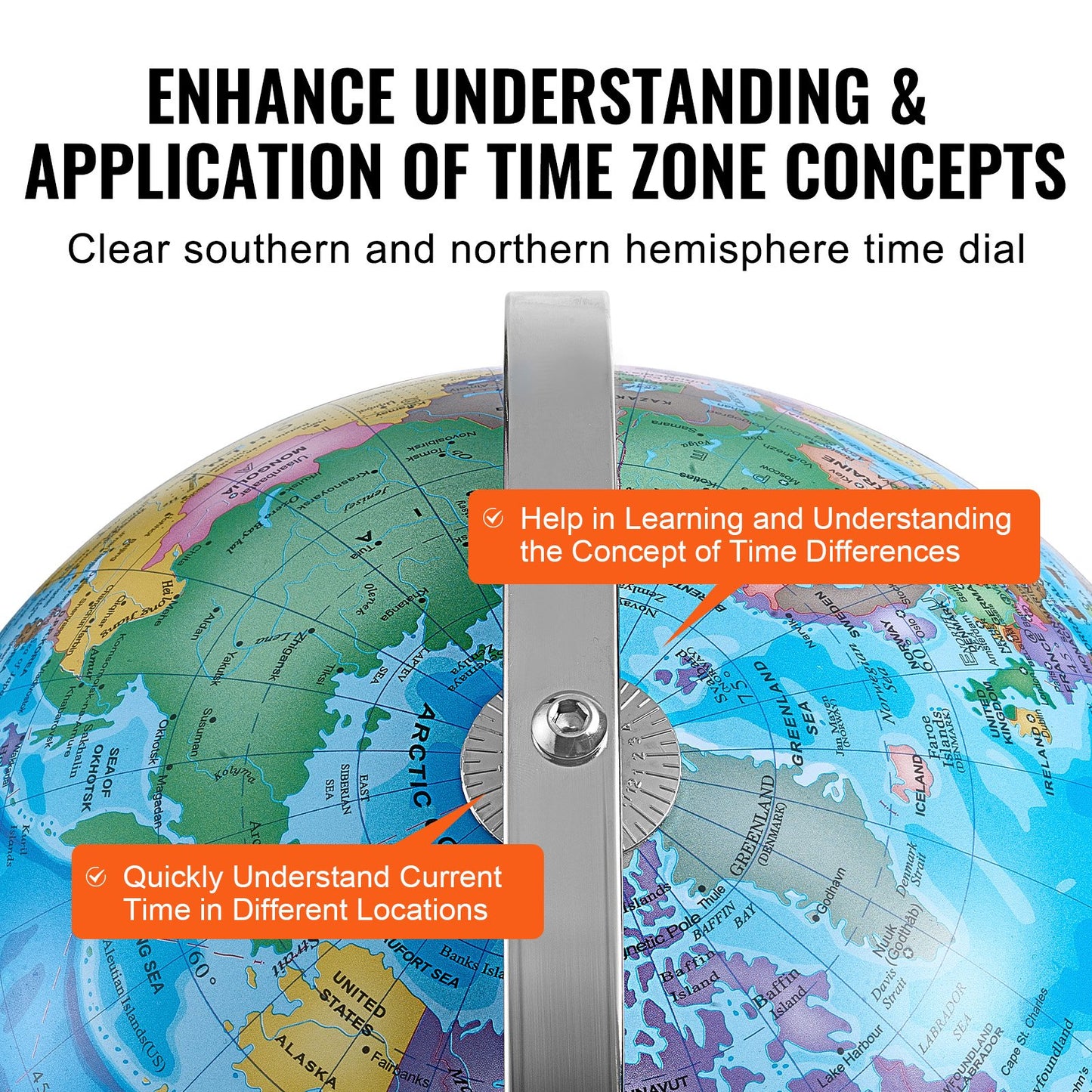 Roterande världsglob med stativ, 13 tum/330,2 mm, pedagogisk geografisk jordglob med exakt tidszon ABS-material, 720° roterande jordglob för barn som lär sig geografi i klassrummet (kartspråk: engelska)
