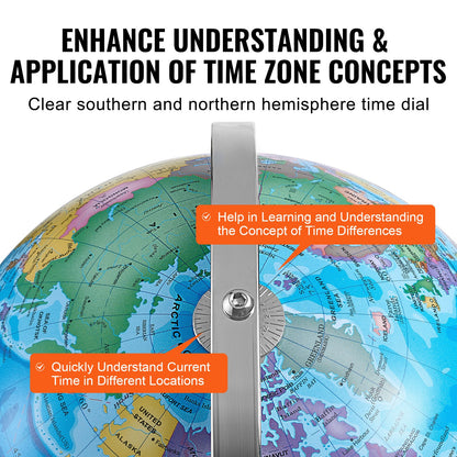 Roterande världsglob med stativ, 13 tum/330,2 mm, pedagogisk geografisk jordglob med exakt tidszon ABS-material, 720° roterande jordglob för barn som lär sig geografi i klassrummet (kartspråk: engelska)