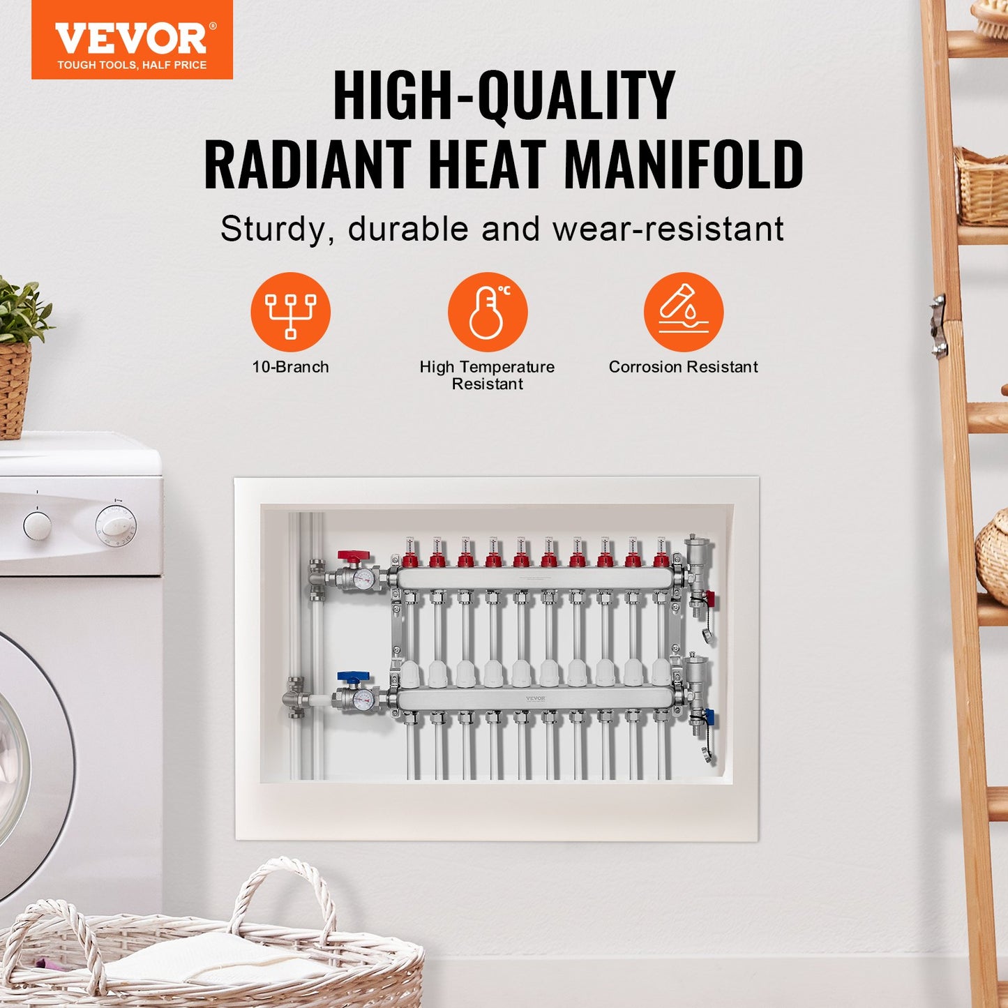 10-Branch Radiant Heat Manifold 1.27 cm PEX Tubing Floor Heating Manifold Set