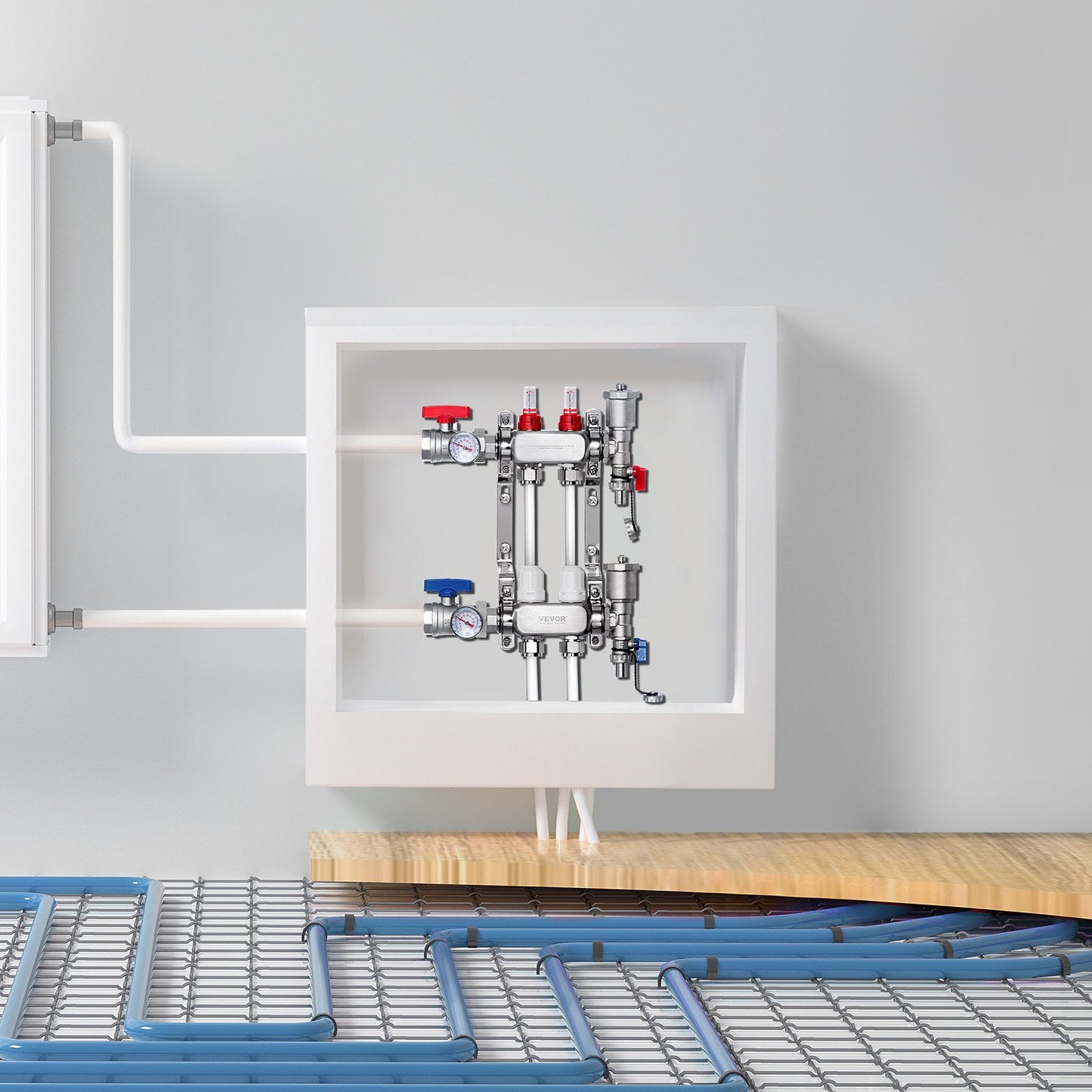2-Branch Radiant Heat Manifold, 1/2" PEX Tubing Manifold, Stainless Steel PEX Manifold for Hydronic Radiant Floor Heating, Radiant Heat PEX Manifold Kit with 1/2" Adapters Included