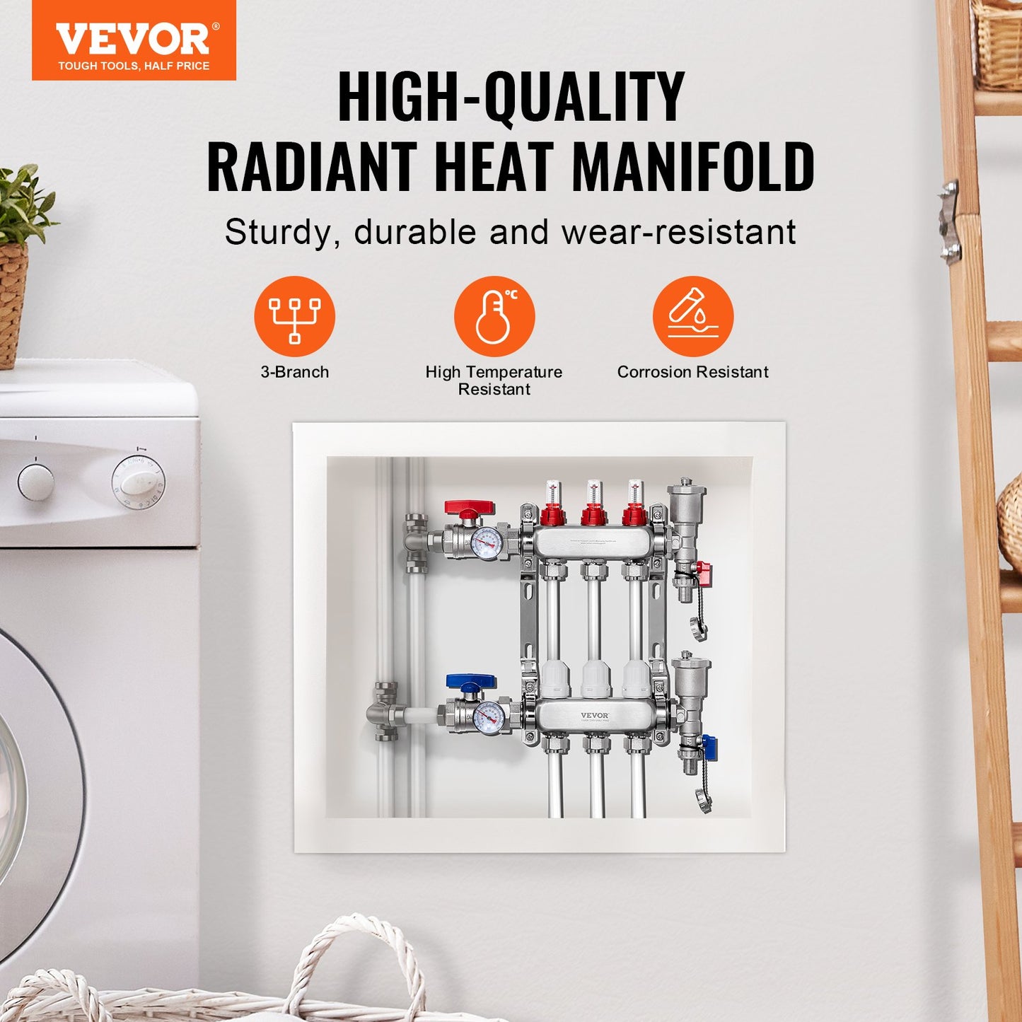 3-Branch Radiant Heat Manifold, 1/2" PEX Tubing Manifold, Stainless Steel PEX Manifold for Hydronic Radiant Floor Heating, Radiant Heat PEX Manifold Kit with 1/2" Adapters Included