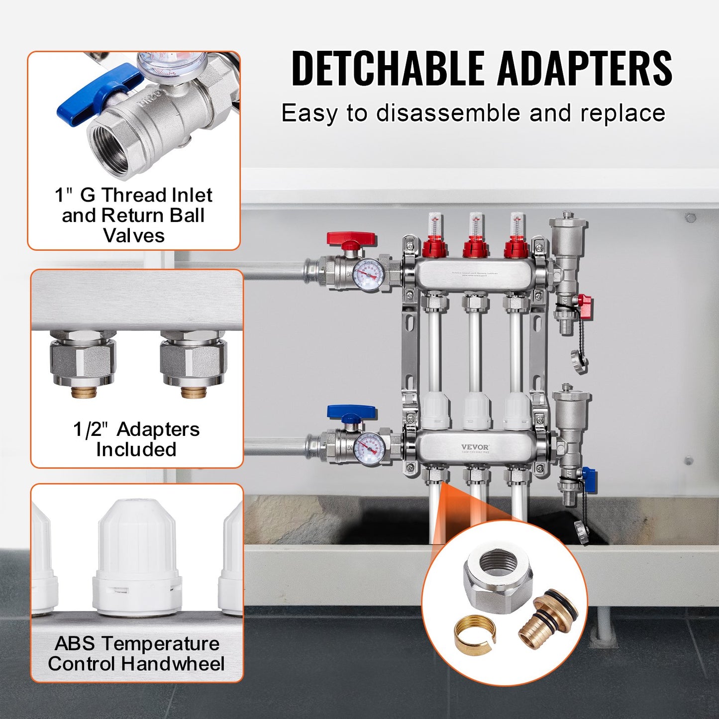 3-Branch Radiant Heat Manifold, 1/2" PEX Tubing Manifold, Stainless Steel PEX Manifold for Hydronic Radiant Floor Heating, Radiant Heat PEX Manifold Kit with 1/2" Adapters Included