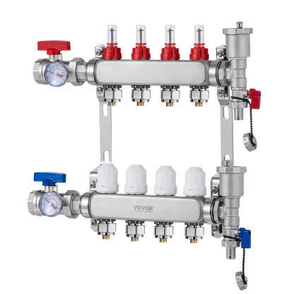 4-Branch Radiant Heat Manifold, 1/2" PEX Tubing Manifold, Stainless Steel PEX Manifold for Hydronic Radiant Floor Heating, Radiant Heat PEX Manifold Kit with 1/2" Adapters Included